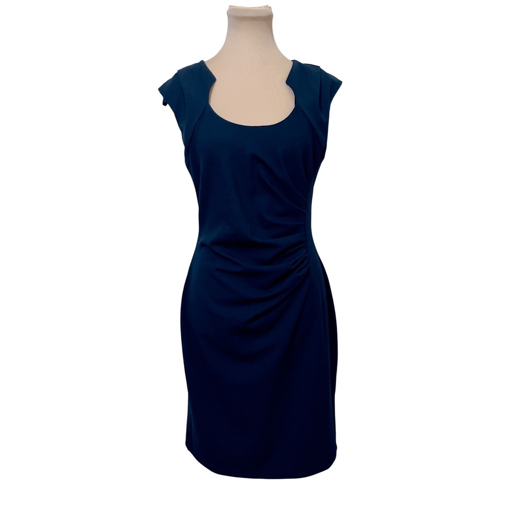 Stella & Julie Women Dress 8 Navy Blue Ruched Sheath Cap Sleeve Career Cocktail